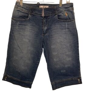 Baby Phat Women' Solid Blue Denim Cotton Mid Rise Pull On Capri Jeans Shorts